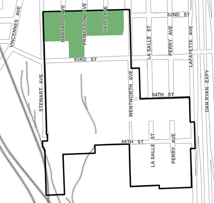 83rd/Stewart TIF district, roughly bounded on the north by 82nd Street, an area south of 86th Street on the south, the Dan Ryan Expressway on the east, and Stewart Avenue on the west.